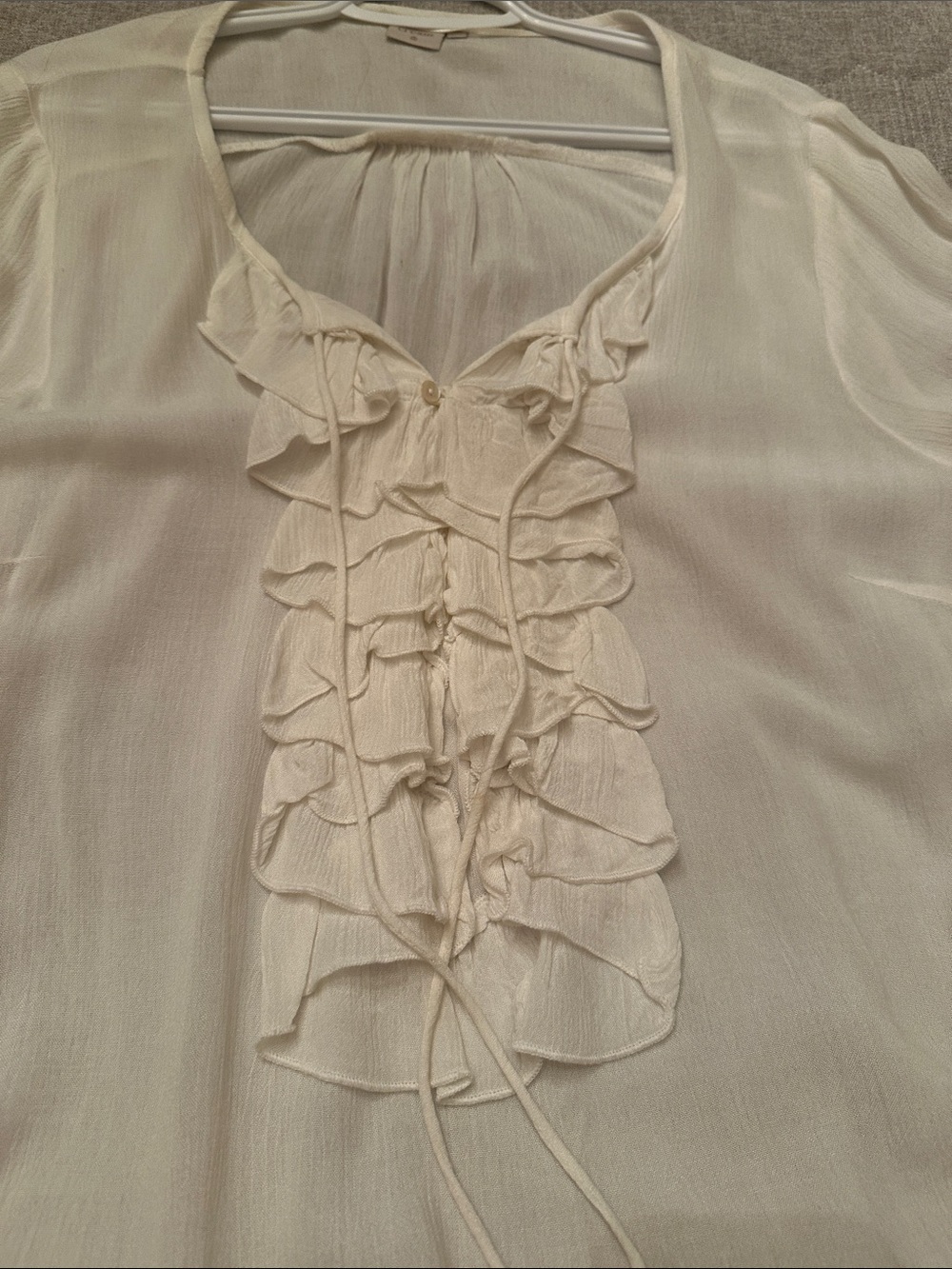Light Cream Ruffle Front Long-Sleeve Blouse - Picture 4 of 7